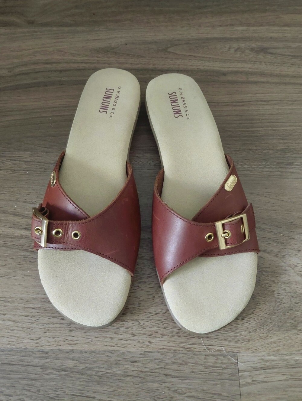 Brown Leather Slide Sandals with Gold Buckle